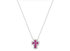 Collana mini Doppia Croce con Zirconi Bianchi e Rubino