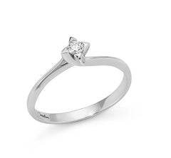 + Anello solitario con diamante e griffe triangolari in oro bianco