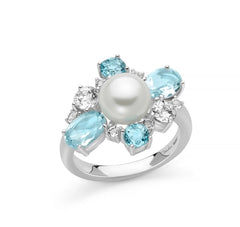 +Anello Celestia con perla Oriente, quattro Gemma del Cielo e topazi bianchi.