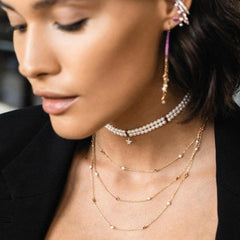 Collana Donna Galactica Multifilo in Argento Dorato, Perline e Cristalli Rossi