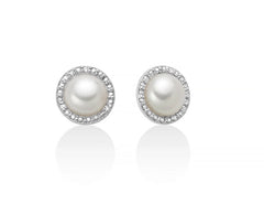 Orecchini con perle Oriente bottone circondate di oro bianco 375 e diamanti