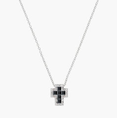 Collana mini Doppia Croce con Zirconi Bianchi e Neri